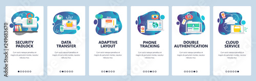 Web site onboarding screens. Computer security, cloud service and secure data sync. Menu vector banner template for website and mobile app development. Modern design flat illustration.