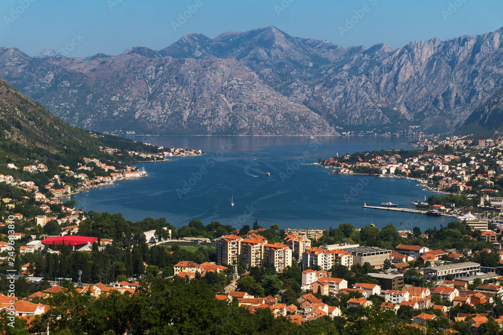 Panorama of mountains and Kotor Bay, largest bay of the Adriatic Sea, Montenegro