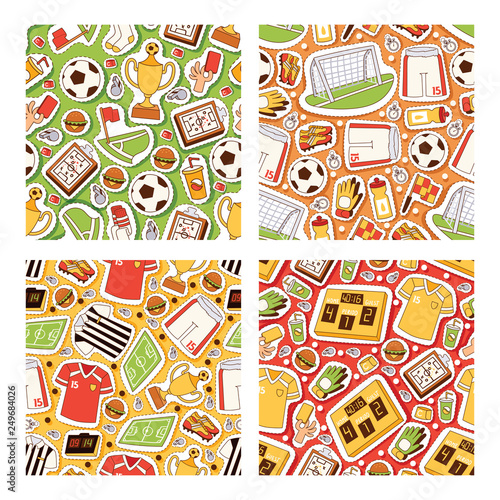 Soccer vector seamless pattern soccerball football pitch sticher and sportswear of footballer or soccerplayer illustration backdrop set of footballing clothes trophy cup background
