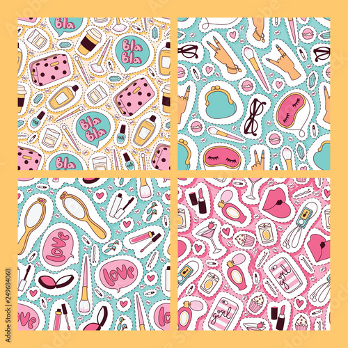 Cosmetic vector seamless pattern beauty make up cosmetology lipstick sticker for beautiful woman makeup perfume backdrop illustration wallpaper set of girlie cosmetician accessories background