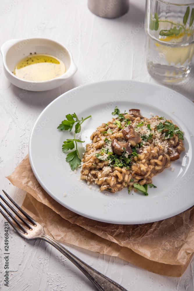 Italian food. Risotto with mushrooms and cheese on a white plate on a white background Italian food. Risotto with mushrooms and cheese on a white plate on a white background