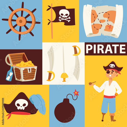 Piratic vector pirating chest and flag skull backdrop pirate character buccaneer man illustration background set of piracy signs wallpaper adventure on island