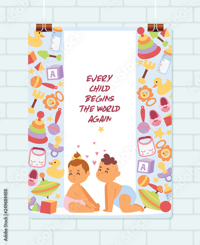 Baby shower vector cartoon kids newborn character boy girl playing with toys in playroom baby-shower banner backdrop children in love illustration on white background