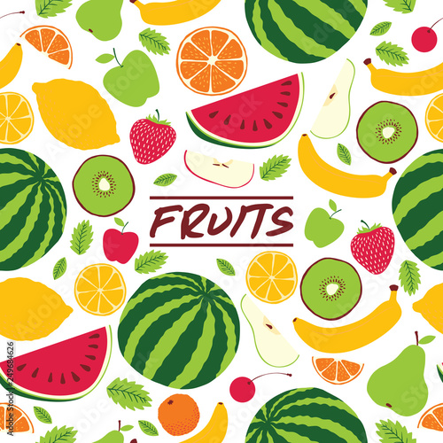 Fruit pattern seamless vector fruity background and fruitful exotic wallpaper with fresh slices of watermelon orange apples and tropical fruits illustration backdrop