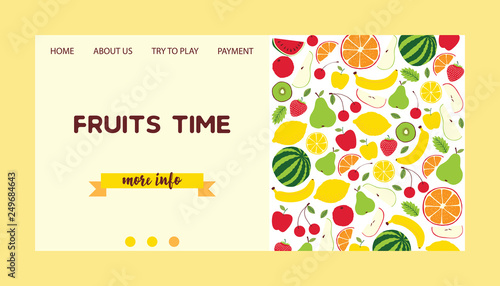 Fruit pattern vector landing page fruity background and fruitful exotic web-page wallpaper with fresh slices of watermelon orange apples and tropical fruits web-site illustration backdrop