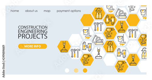 Builder vector web landing page building construction for newbuild backdrop outline industry web-page illustration constructing industrial buildup banner background web-site design