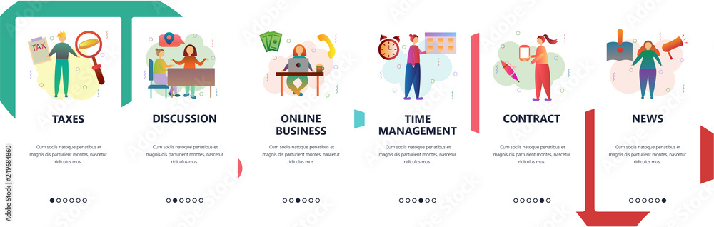 Web site onboarding screens. Time management, online business and taxes. Menu vector banner template for website and mobile app development. Modern design flat illustration. Web site onboarding screens. Time management, online business and taxes. Menu vector banner template for website and mobile app development. Modern design flat illustration.