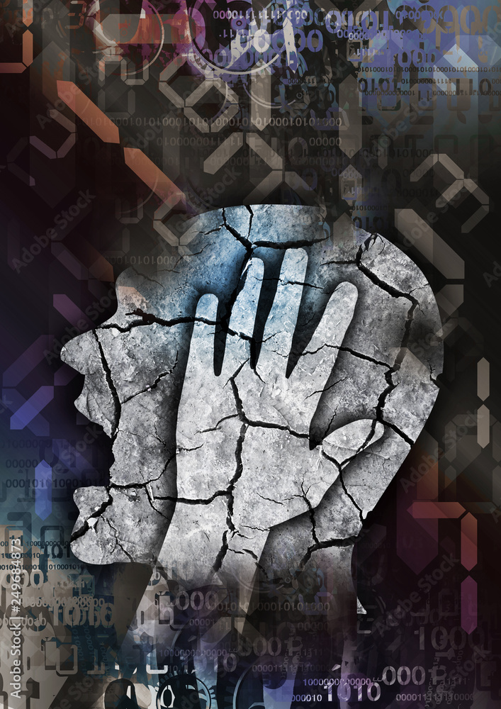 Madness, Headache, Digital Dementia, male head. Male silhouette with