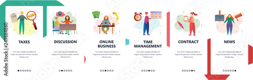 Web site onboarding screens. Time management, online business and taxes. Menu vector banner template for website and mobile app development. Modern design flat illustration.