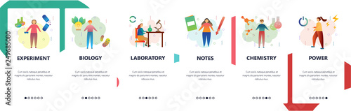 Web site onboarding screens. Science experiment. chemistry laboratory, biology. Menu vector banner template for website and mobile app development. Modern design flat illustration.