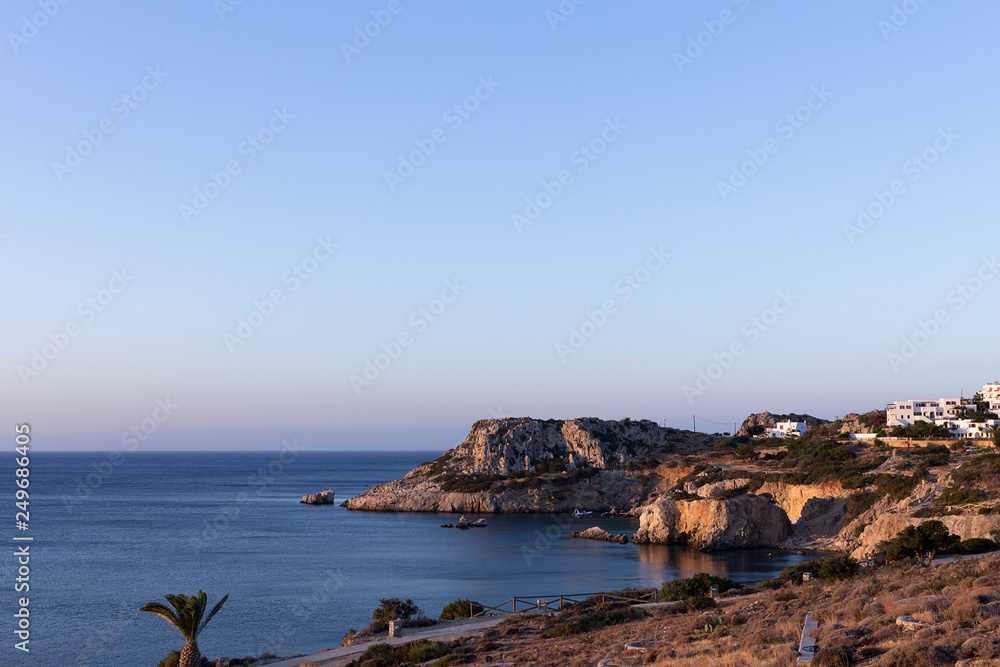 Karpathos island, sunrise at  Amopi bay. Aegean sea, Dodecanese Islands, Greece