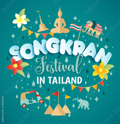Songkran Festival in Thailand of April, paper style lettering, on splashing water in seamless pattern, flowers tropical. Vector illustration.