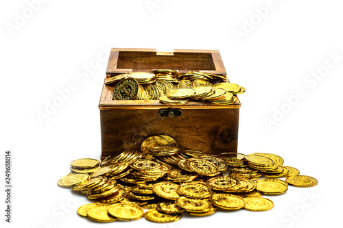 Stacking Gold Coin in treasure chest on white background