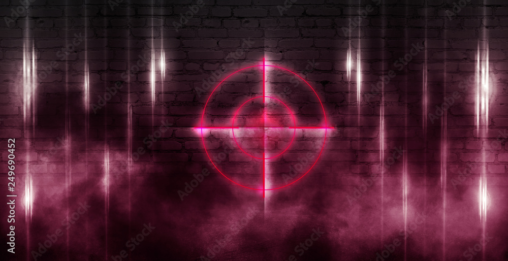 Neon target on a brick wall background with laser lights and rays of light, futuristic abstract background. Neon target on a brick wall background with laser lights and rays of light, futuristic abstract background.