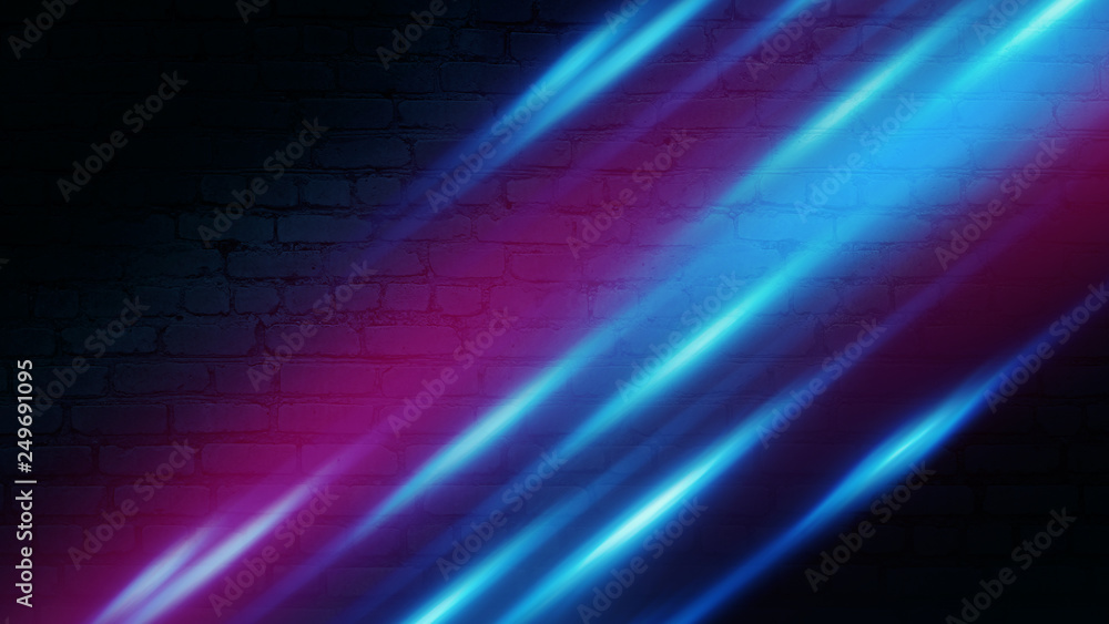 Brick wall background, neon light, blue and purple rays. Futuristic Abstract Background