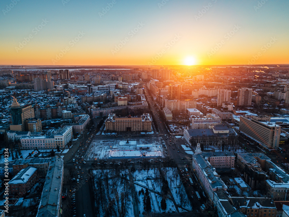Evening sunset above Voronezh downtown, Lenin Square. Aerial view
