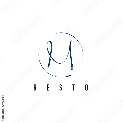 Restaurant logo/Fork and Knife in M initial letter design.