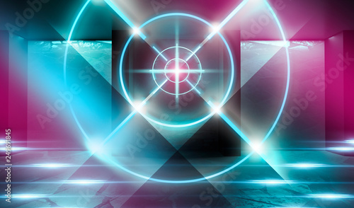 Futuristic abstract background. Empty room background  concrete. Neon blue and pink light smoke. Laser lines  laser target in the center of the room.