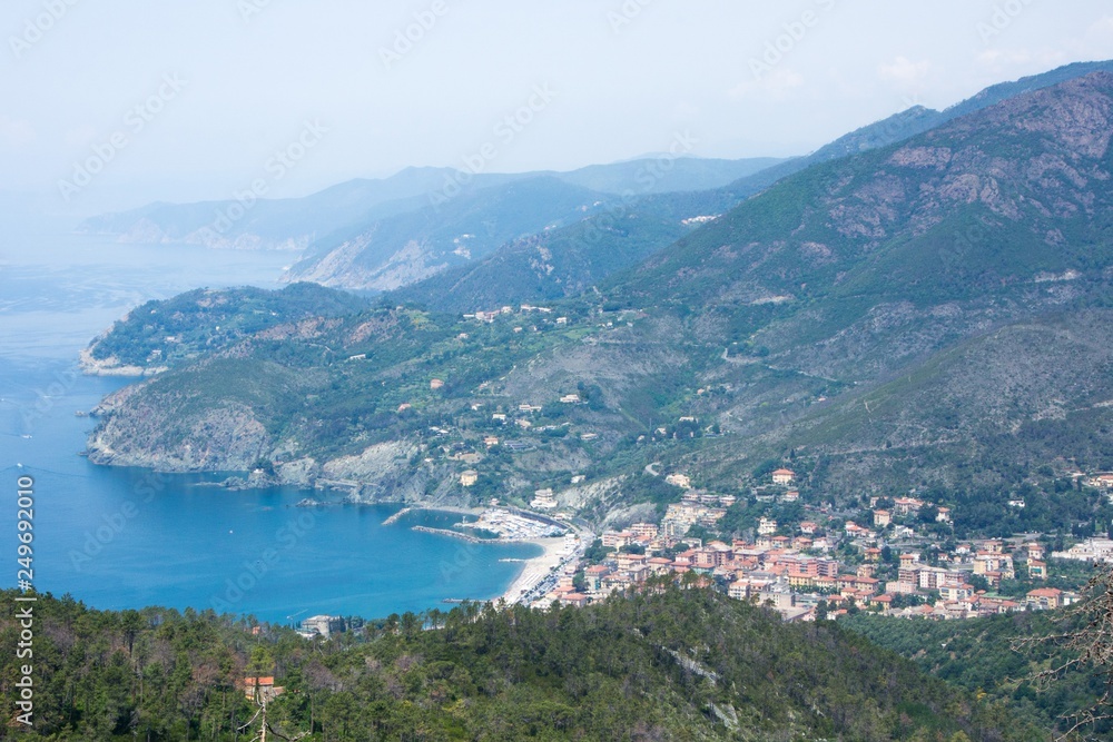 The small town of Levanto is next to the Cinque Terre national Park. City aerial view from the mountain.