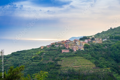 Small town of Volastra, located in the mountains between the towns of Corniglia and Manarola, in Cinque Terre national Park. Picturesque seascape, small colored houses are on the mountain by the sea.