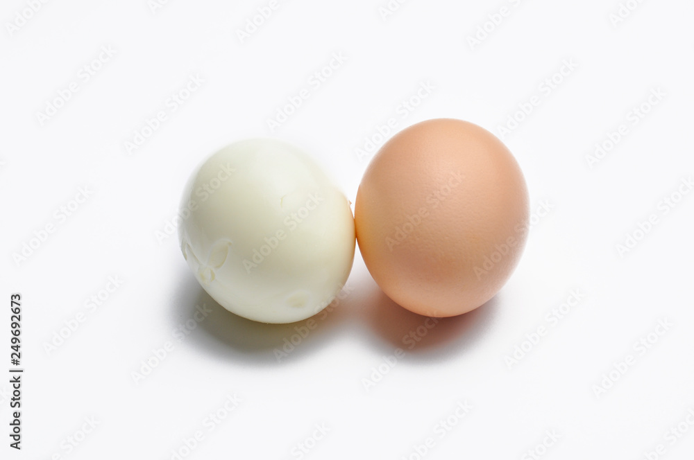 Boiled eggs isolated on white background. Protein source. Healthy food Boiled eggs isolated on white background. Protein source. Healthy food