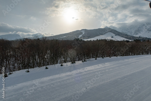 雪の積もるスキー場に朝日の射す穏やかな日の風景が美しい