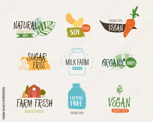 natural label and fresh organic banner. agriculture mark logo farm sticker brush paint design.