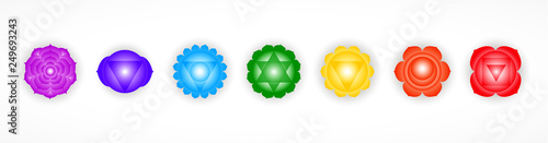 Set of seven colorful chakras symbols isolated on white background. Object for design