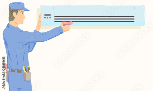 Vector. Repairman adjusts the air conditioner in the room. Layers good separated.