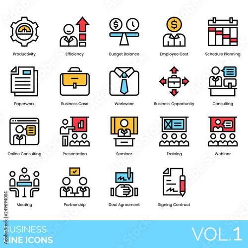 Business icons including productivity, efficiency, budget balance, abilities, employee cost, schedule planning, paperwork, case, workwear, opportunity, consulting, online, presentation, seminar.