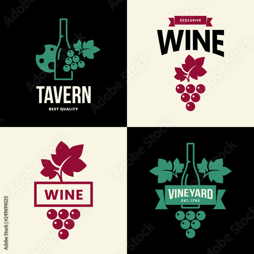 Modern wine vector isolated logo collection for tavern, restaurant, house, shop, store, club and cellar. Premium quality vinery logotype illustration set. Fashion brand badge design template bundle.