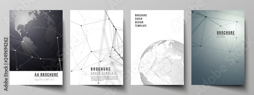 Vector layout of A4 format cover mockups design templates for brochure, flyer, booklet. Futuristic design with world globe, connecting lines and dots. Global network connections, technology concept.