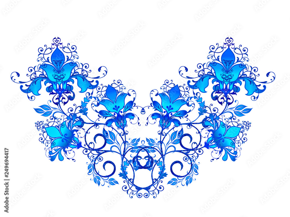 Brilliant textural blue curls, styling flowers, paisley decor, openwork weaving.