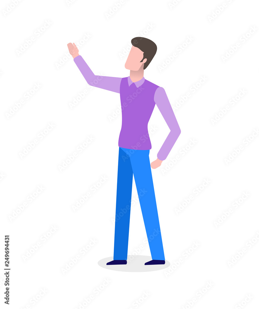 Businessman in shirt and vest, office worker pointing up with hand vector. Entrepreneur in formal clothes, isolated male character showing presentation Businessman in shirt and vest, office worker pointing up with hand vector. Entrepreneur in formal clothes, isolated male character showing presentation
