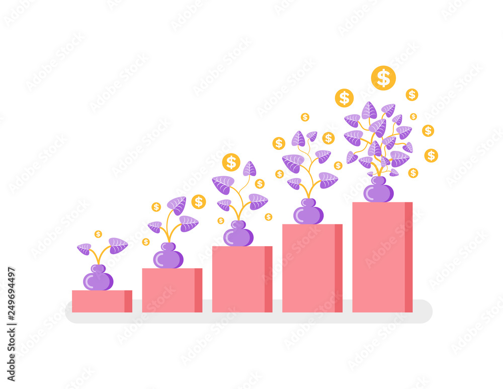 Coins growing on plant in pot, money or profit growth vector. Chart and profit increase, business development and wealth isolated graphic, gold coins