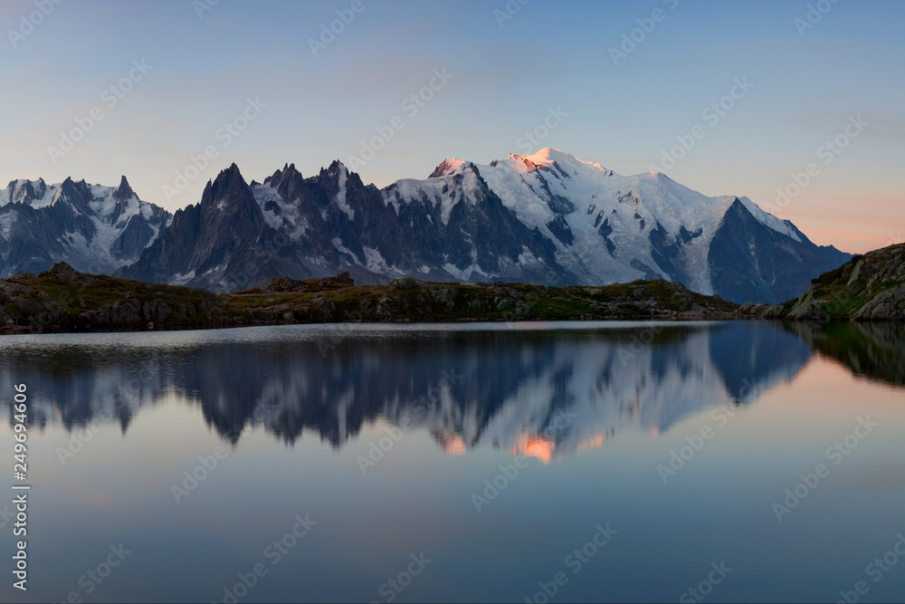 Colorful summer view of the Lac Blanc lake with Mont Blanc (Monte Bianco) on background, Chamonix location. Beautiful outdoor scene in Vallon de Berard Nature Reserve, Graian Alps, France, Europe