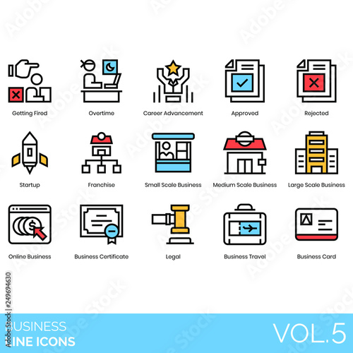 Business icons including getting fired, overtime, career advancement, approved, rejected, startup, franchise, small, medium, large scale, online, certificate, legal, travel, card.