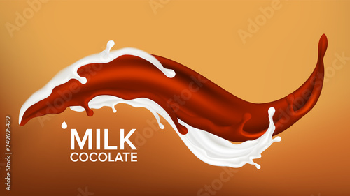 Milk Chocolate Splash Vector. Milky Food Swirl, Drop. White, Brown Milkshake. Drink Dessert. 3D Realistic Illustration
