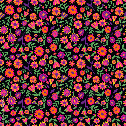 Dia de los muertos seamless vector pattern with marigold flowers. The main symbols of the holiday on the dark background. Day of the dead.