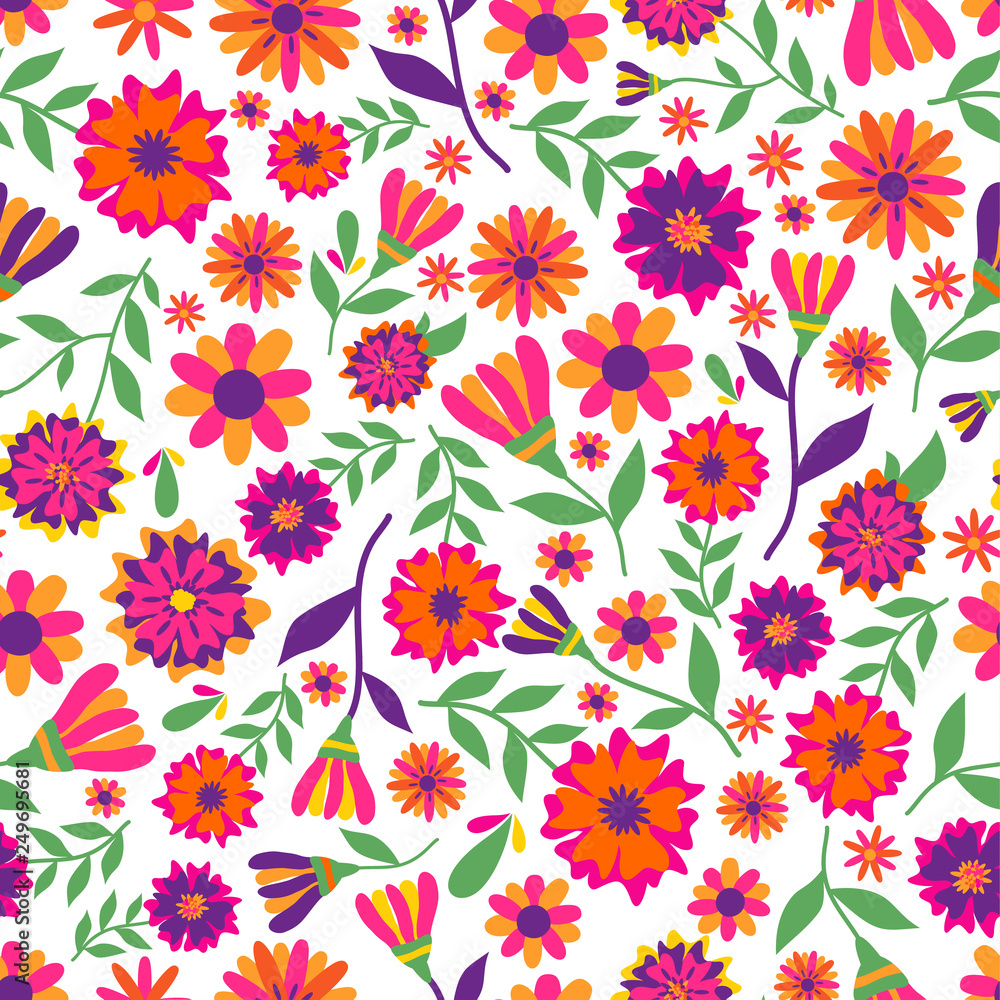 Dia de los muertos seamless vector pattern with marigold flowers. The main symbols of the holiday on the white background. Day of the dead.
