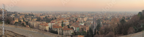 Bergamo, Italy. Landscape to the new city (downtown) at the sunrise from the old town located on the top of the hill