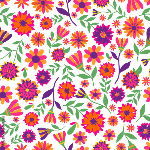 Dia de los muertos seamless vector pattern with marigold flowers. The main symbols of the holiday on the white background. Day of the dead.