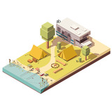 Camping with tent, bonfire, fishing rod and camper van. Isometric 3d vector illustration.