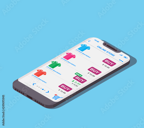 Vector isometric mobile shopping concept. Mobile phone with opened online store on screen. Isolated background.