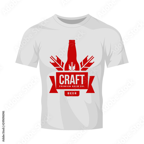 Modern craft beer drink vector logo sign for bar, pub, store, brewhouse or brewery isolated on white t-shirt mock up. Premium quality bottle logotype illustration. Brewing fest fashion badge design.