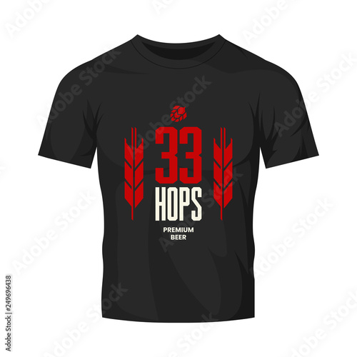 Modern craft beer drink vector logo sign for bar, pub, store, brewhouse or brewery isolated on black t-shirt mock up. Premium quality emblem logotype illustration. Brewing fest fashion badge design.