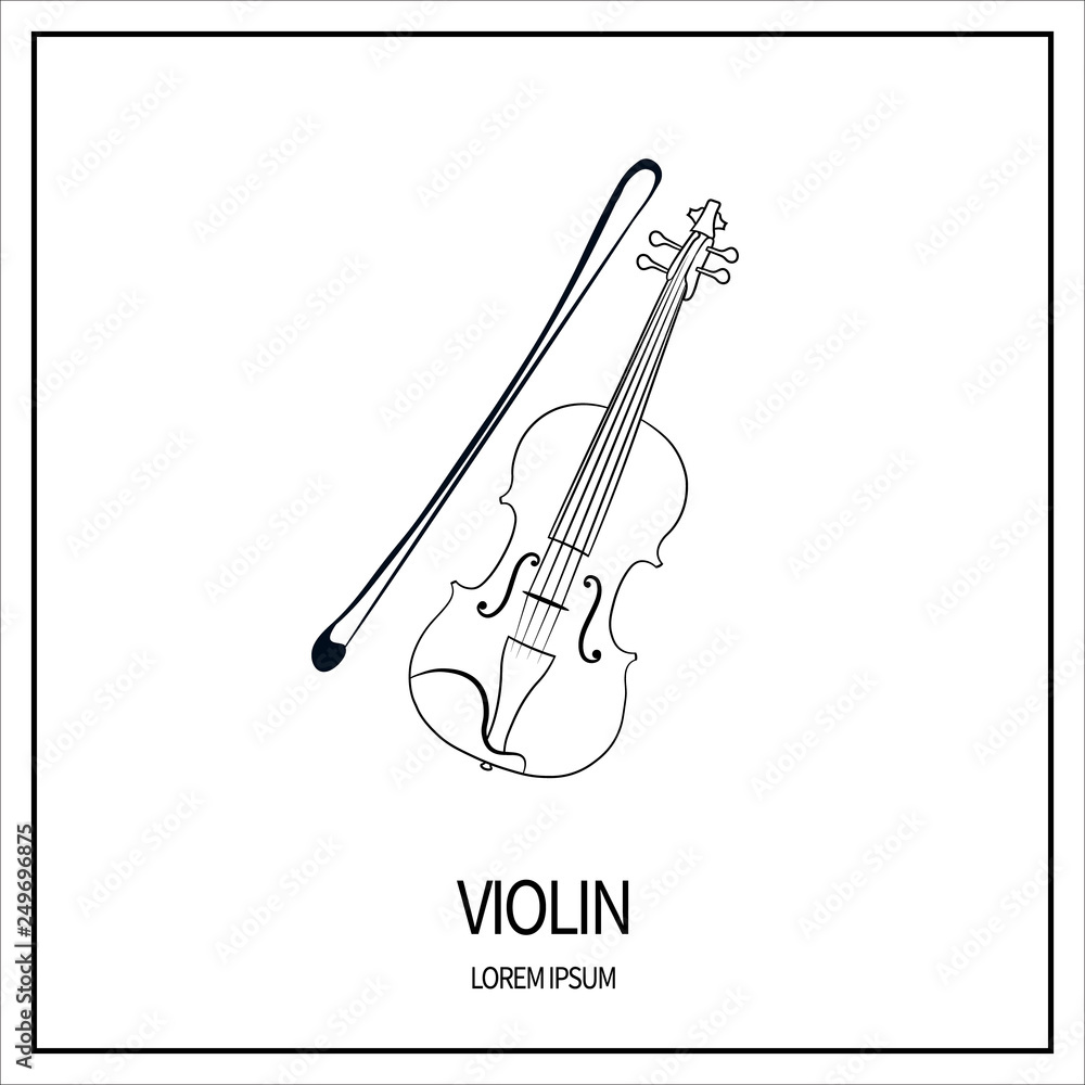 Obraz premium Violin, stringed-plucked instrument. Linear icon isolated on white background. Outline. Banner with frame. Vector illustration