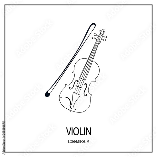 Violin, stringed-plucked instrument. Linear icon isolated on white background. Outline. Banner with frame. Vector illustration