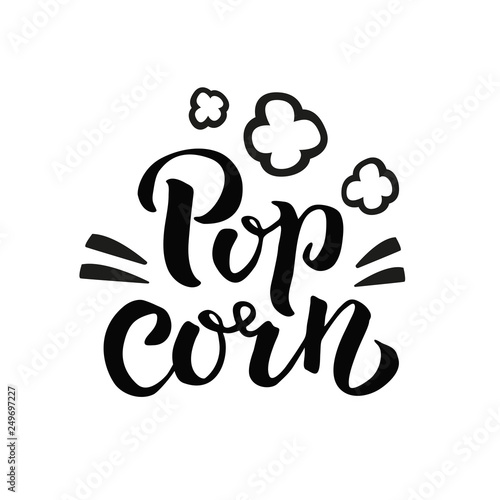 Popcorn text label with popping. Hand drawn brush pen typography sign. Black and white logo.Vector illustration. Graphic Design for print on poster, t-shirt print,social media content, card invitation