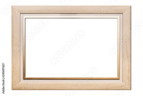 Wooden frame with golden inserts for photos on a white background. Isolated